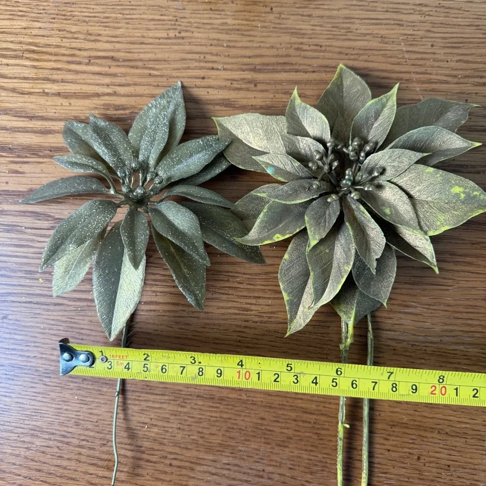Vintage Metallic Gold‎ Artificial Poinsettia Holly Berry Picks Christmas Decor